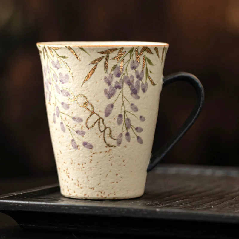 1PC Mug Blue and White Flint Ceramic Hand-painted Gold-painted Wisteria Flower Large Capacity with Handle