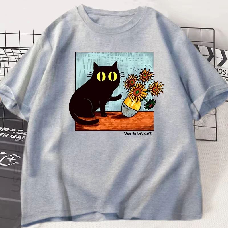 

New Cat Graphic T Shirts Men Women Flower Black Cat T-shirt Round Neck Cotton Short Sleeve Trendy Tee Shirt Streetwear