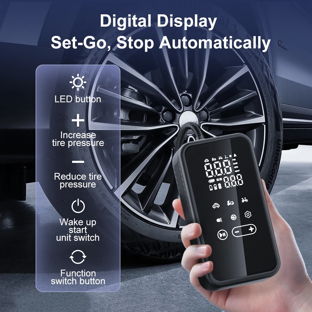 

Беспроводной автомобильный воздушный насос, портативный воздушный компрессор, электрический накачиватель шин с ЖК-цифровым дисплеем для автомобилей, мотоциклов, велосипедного мяча