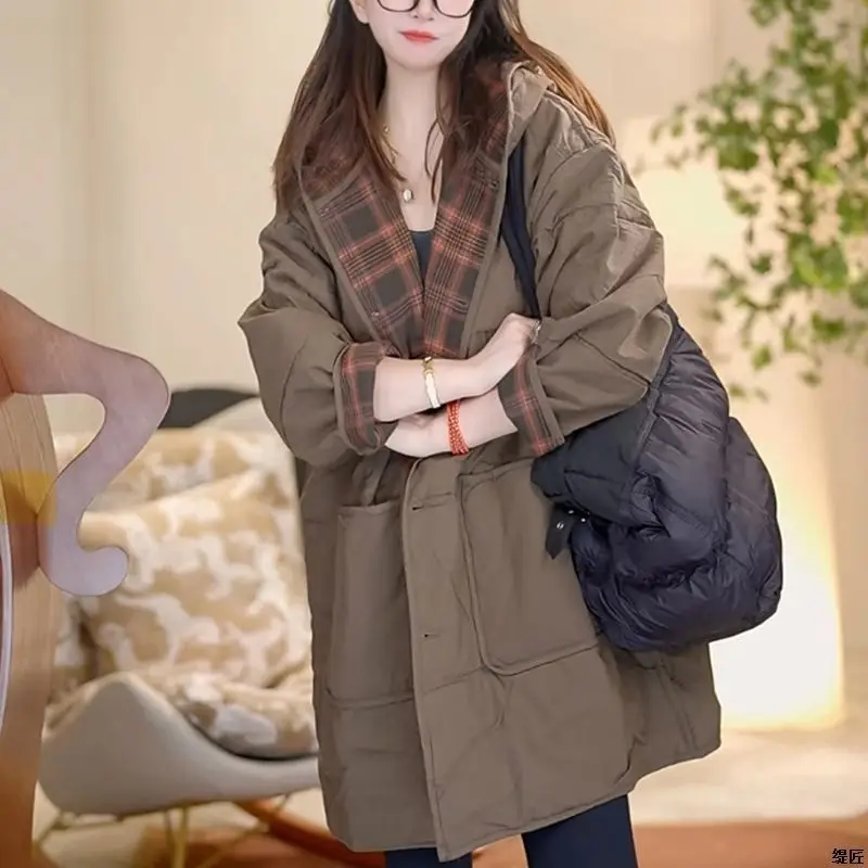 

Plus Size Women's Clothing High-End Mid-Length Jacket Elegant Retro Loose Trench Autumn Winter Quilted Hooded Cotton Coat