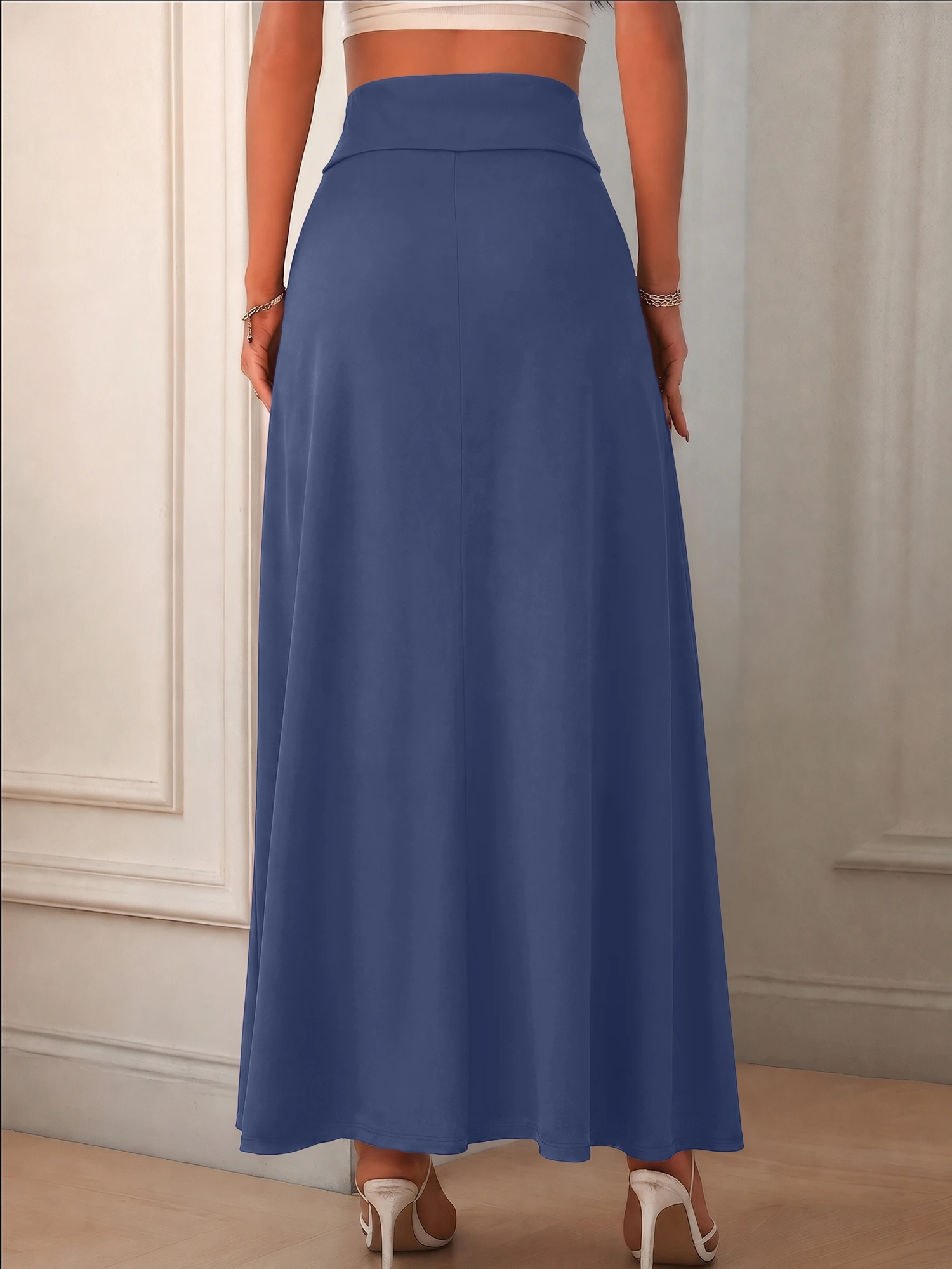 Women Simple Knit Swing Long Skirt Solid A‑Line Maxi Skirt High Waist Wide Elastic Waistband Office Casual Skirts