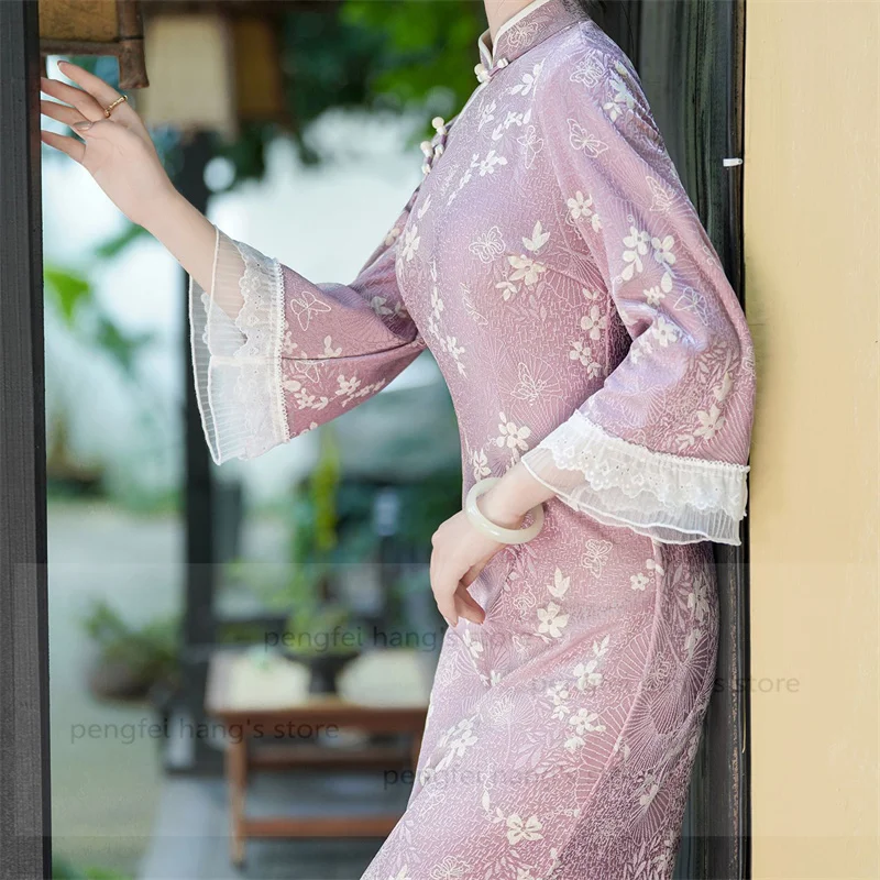 

Винтажное Cheongsam с воротником-стойкой, женское элегантное китайское платье с кружевной отделкой, сексуальное платье с расклешенными рукавами, Vestidos, осенний вечерние костюм ханьфу