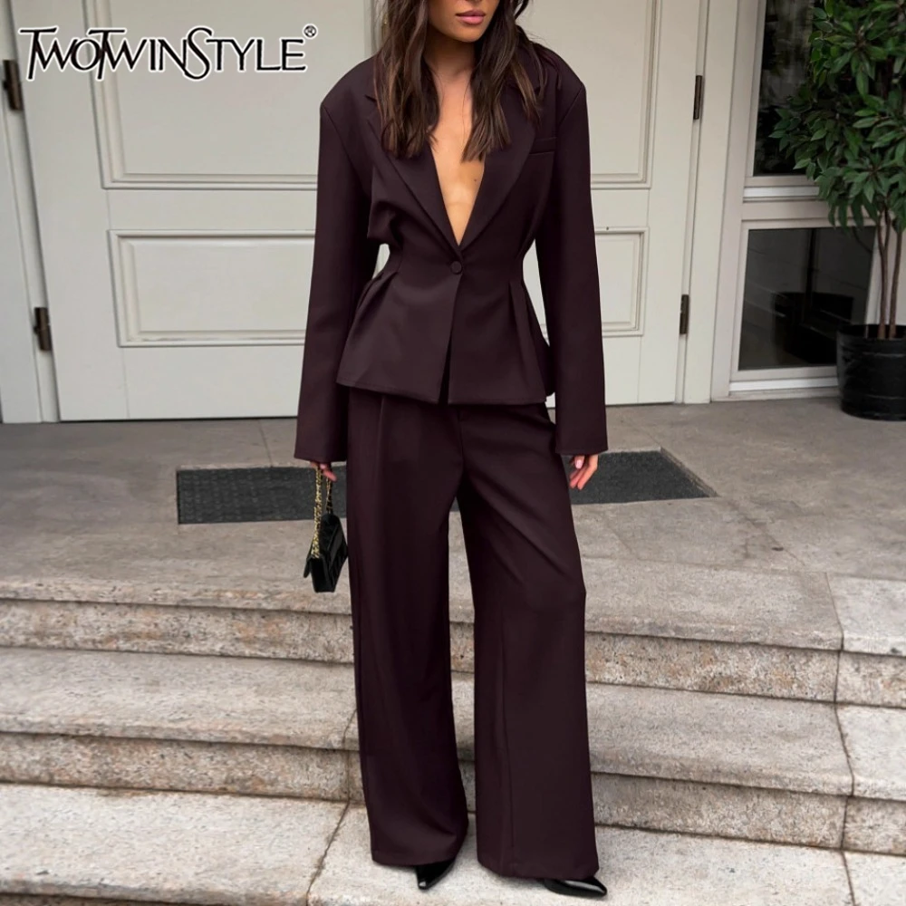 TWOTWINSTYLE Solid Office Suit for Women Deep V Neck Long Sleeve Spliced Single Button Blazer Wide Trousers Two Piece Set Female