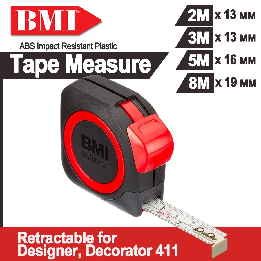 BMI 2m/3m/5m/8m High Precision Tape Measure with mm Graduation,Retractable for Designer, Decorator NO.411 241|411 341|411 541 