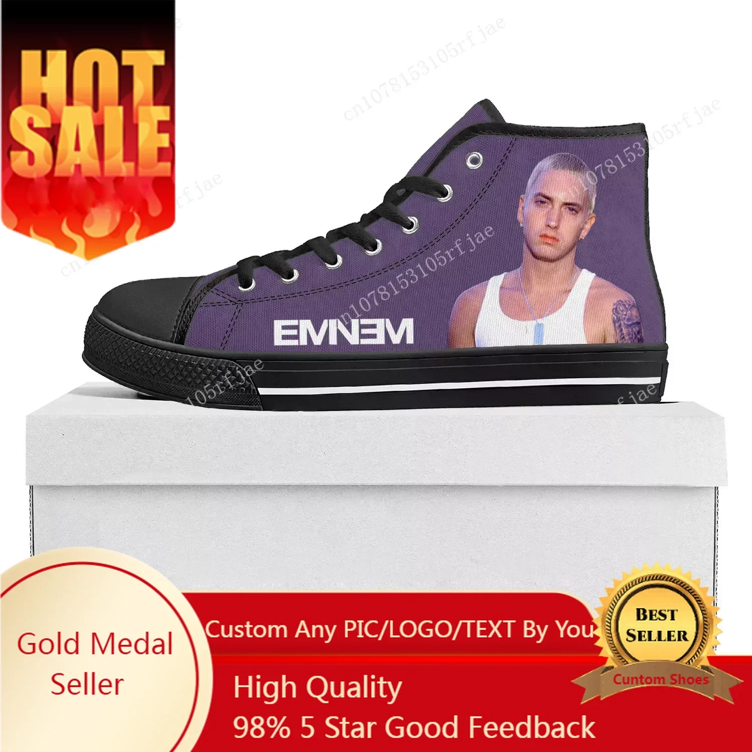 Eminem Hip Hop Rapper Music Popular High Top Sneakers Mens Womens Teenager High Quality Canvas Sneaker Custom Made Shoes Black