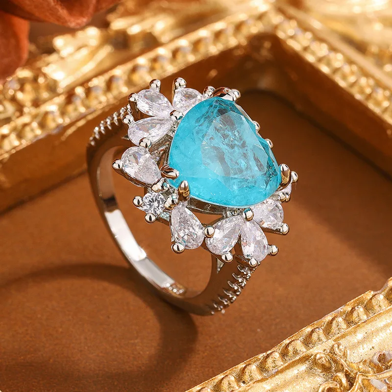 Women Fashion New Colorful Oval Sunflower Index Finger Ring Inlaid Shiny Rhinestone S925 Sterling Silver Jewelry