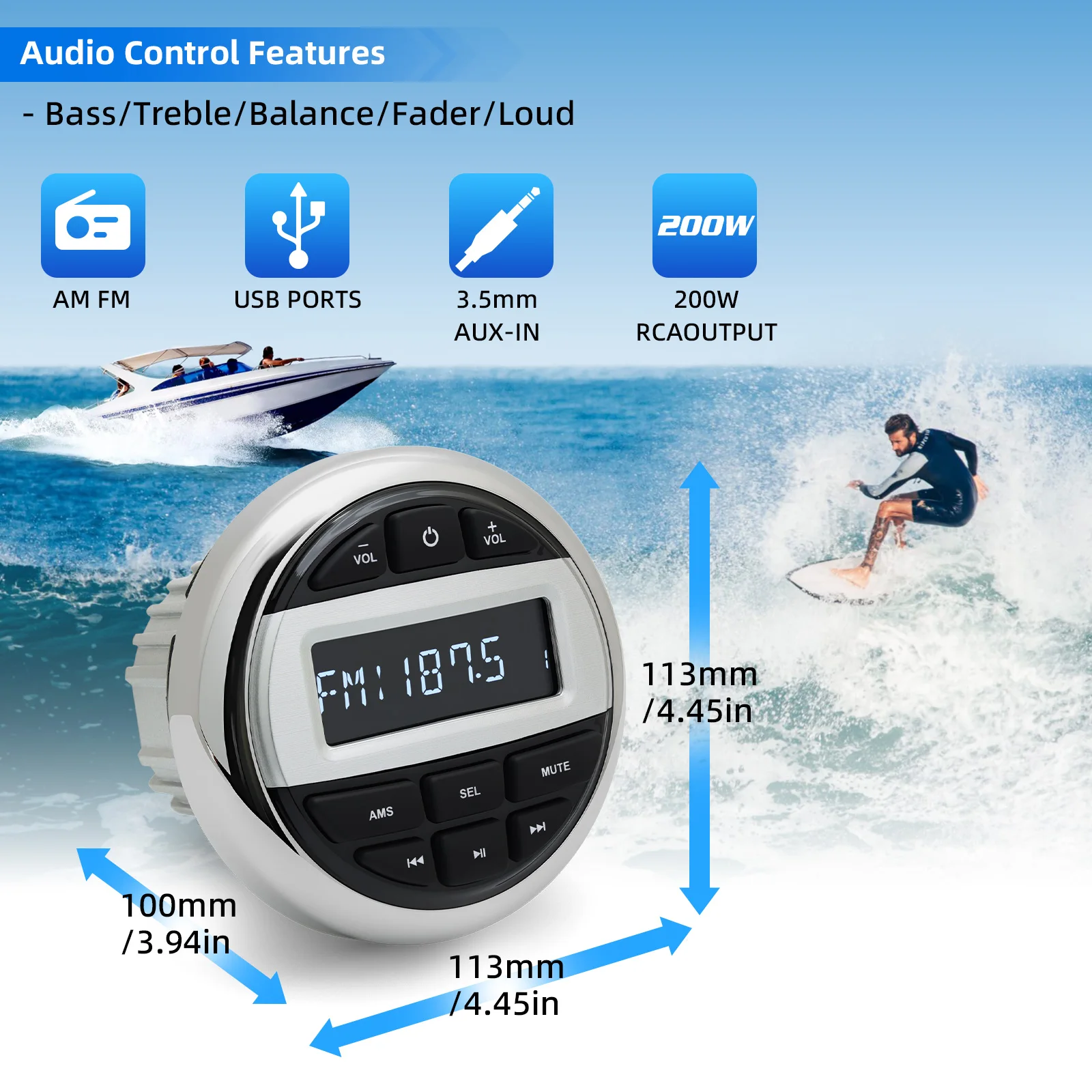 Reproductor estéreo de Radio para barco QC, reproductor multimedia Digital FM AM resistente al agua IPX5 para medidor de yate, ATV, UTV, carrito y motocicleta