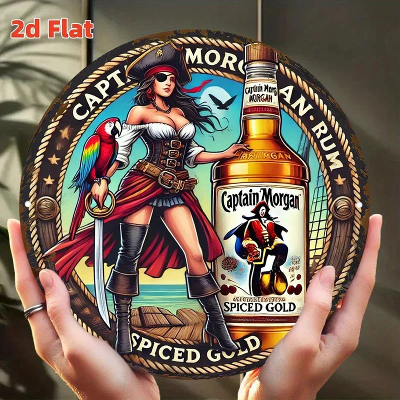 Letrero Metálico Redondo Vintage con Diseño Pirata del Ron Dorado Especiado Captain Morgan - Decoración de Pared Retro con Temática de Ron y Piratas para Bar en Casa, M