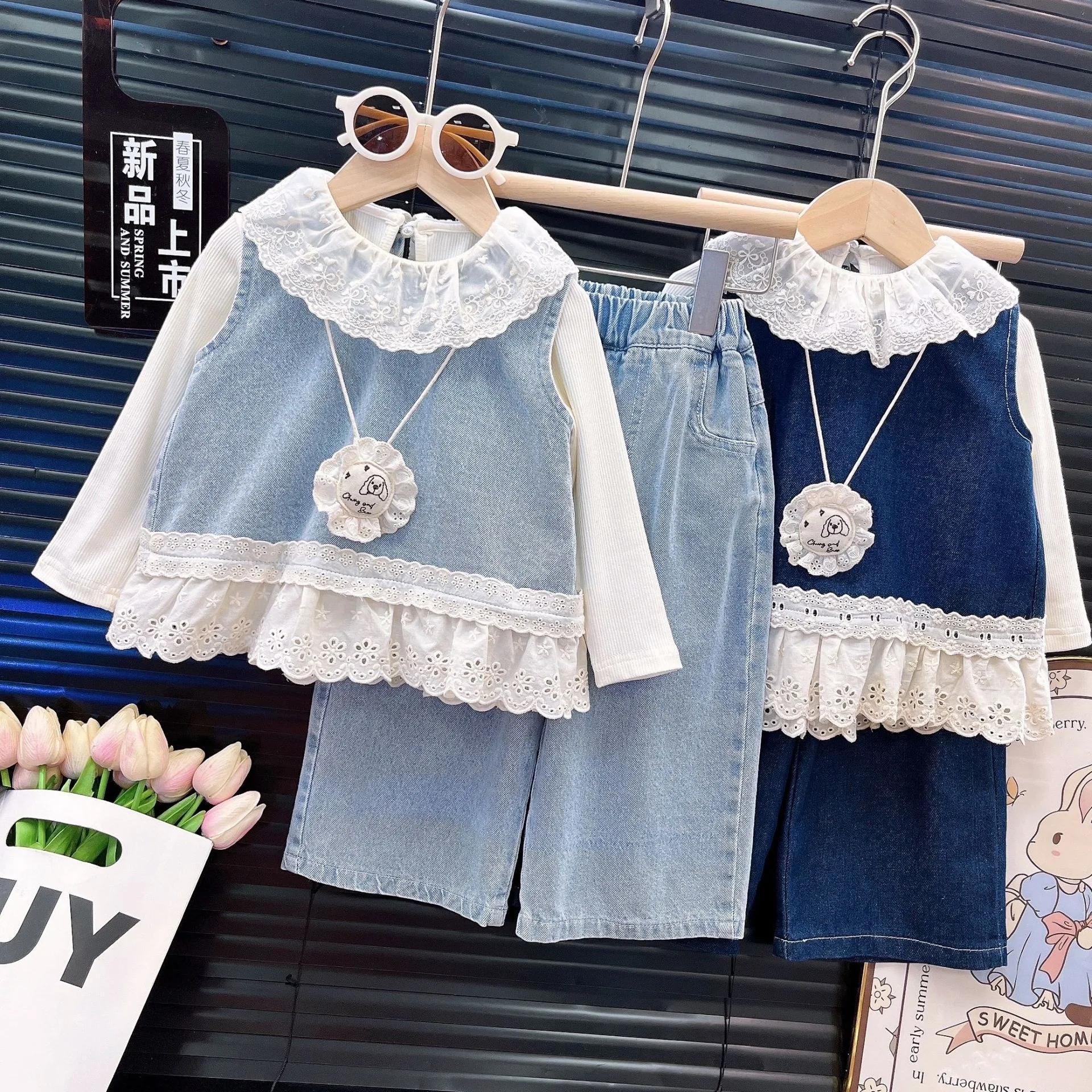 Girls Spring Outfit 2025 New Fashionable Childrens Spring and Autumn Trendy Baby Girl Denim Three-Piece Set