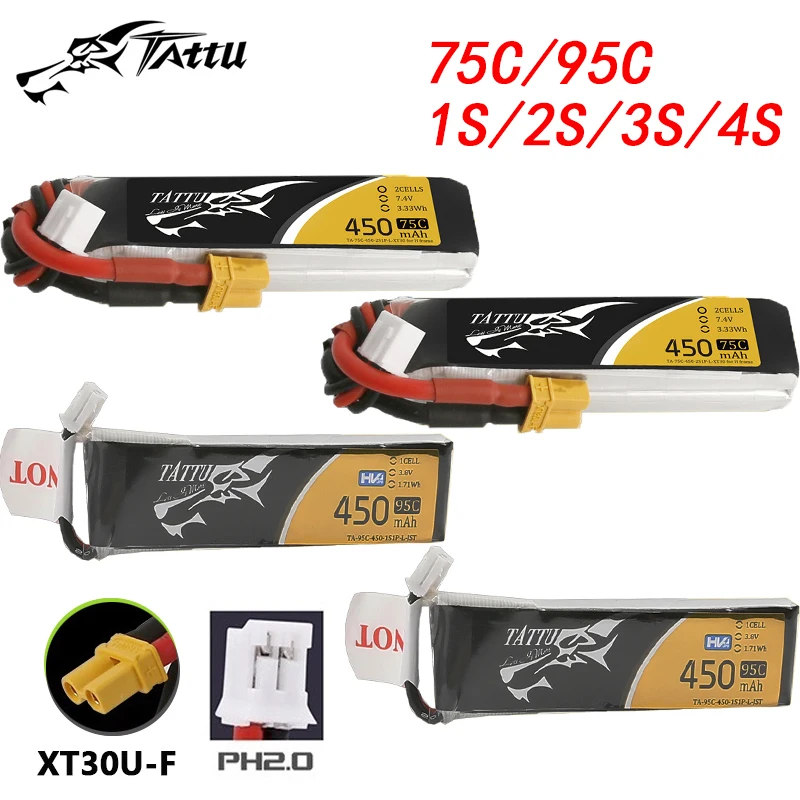 

Аккумулятор TATTU 450 мАч 75C/95C 3,8 в/7,4 В/11,1 В/14,8 в Lipo с разъемом XT30/PH2.0 для радиоуправляемого вертолета квадрокоптера FPV гоночного дрона