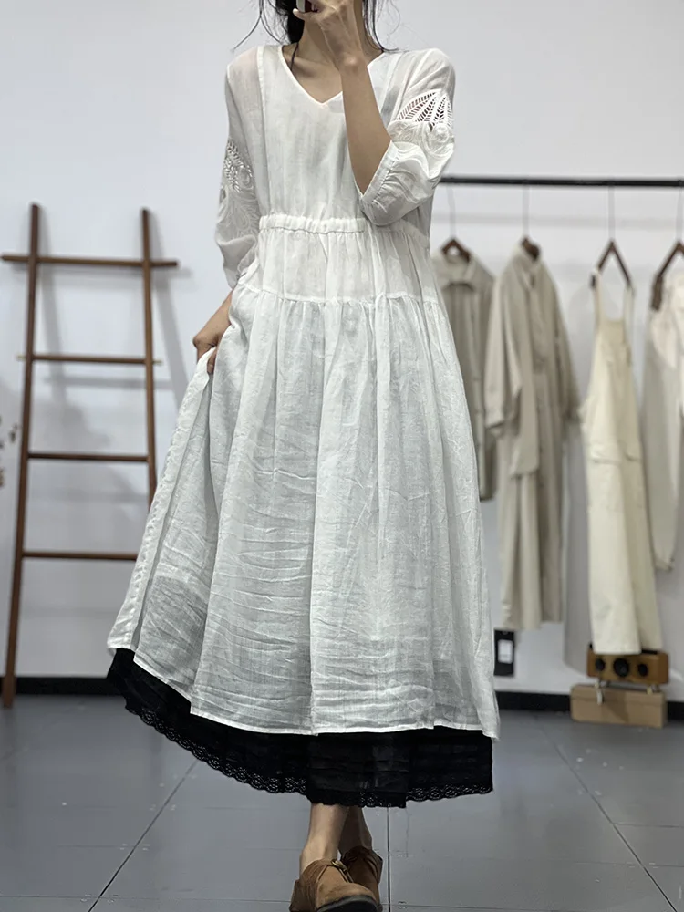 Summer Vintage Elegant French Fashion Hollow Out Long Dress Women Embroidery V Neck Ramie Cotton Loose Solid Vestidos X1227