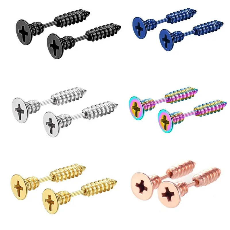 2pcs Punk Fashion Stainless Steel Nail Screw Stud Earrings for Women Men, Gold Black Cartilage Tragus Helix Ear Piercing Jewelry image 6