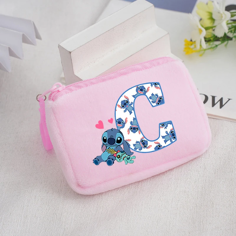 Portamonete in peluche quadrato Disney Stitch per ragazze Portafoglio stampato con 26 lettere Kawaii Mini borsa portaoggetti portatile per bambini Regali di compleanno per bambini