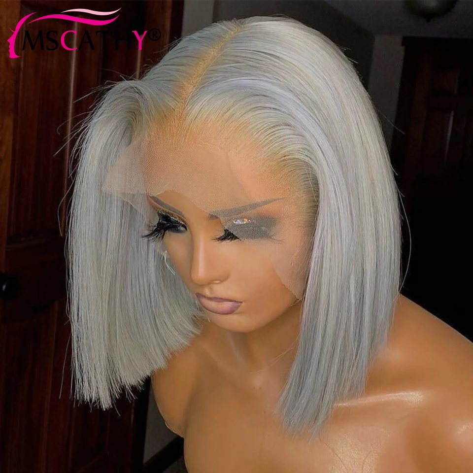 Peluca de cabello humano virgen para mujer, postizo de encaje Frontal, color gris y plateado, corte Bob, corto y recto, HD