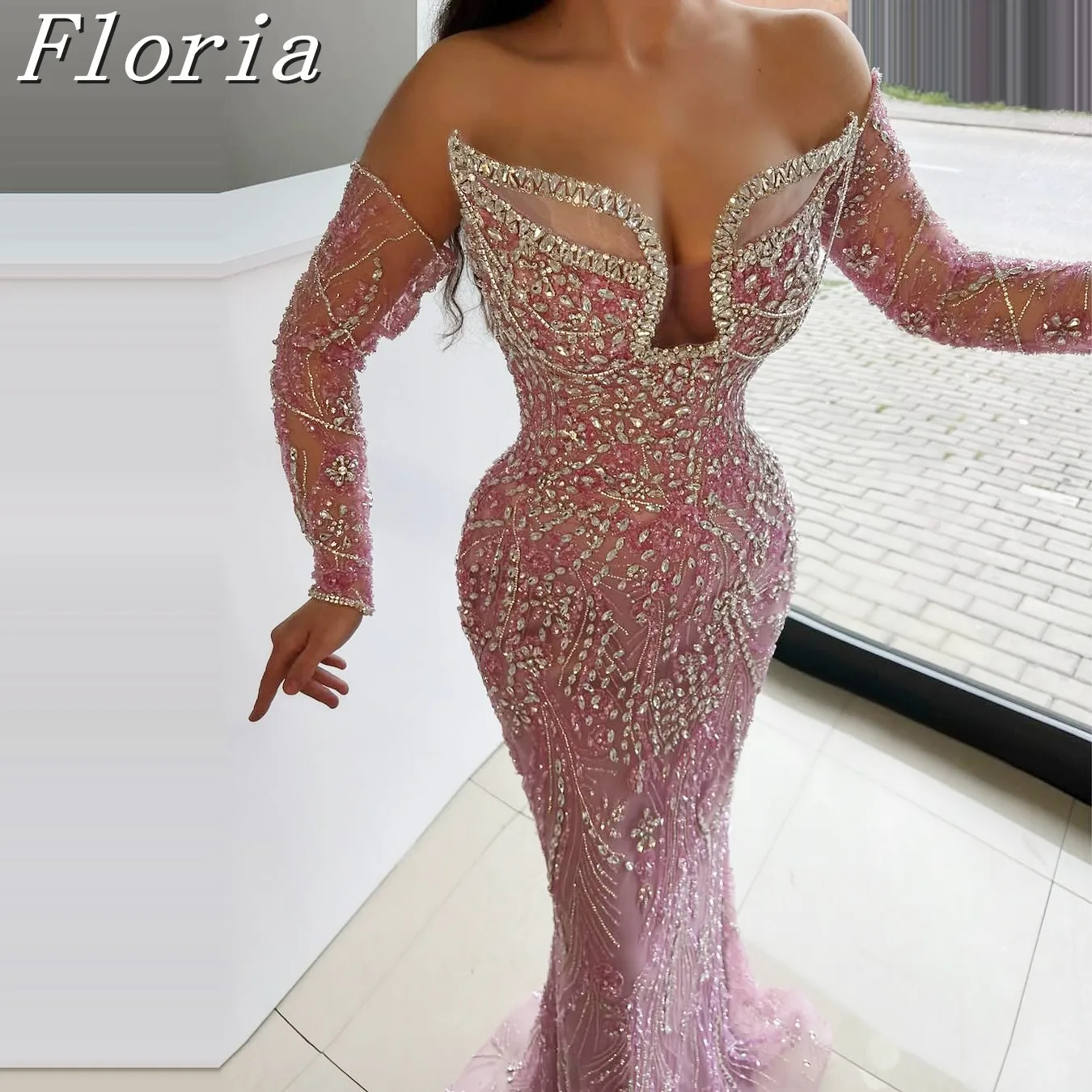 

Elegant Pink Sequined Off The Shoulder Evening Party Dress Rhinestone Prom Dress vestidos invitada boda verano Robes de Soirée