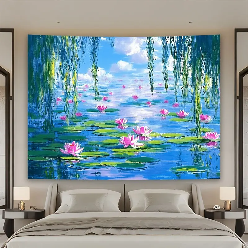 Water Lily Pond Scenery + Tapestry, Polyester Fiber Material, Suitable for Living Room, Bedroom, Office, Parties, and Other Scen