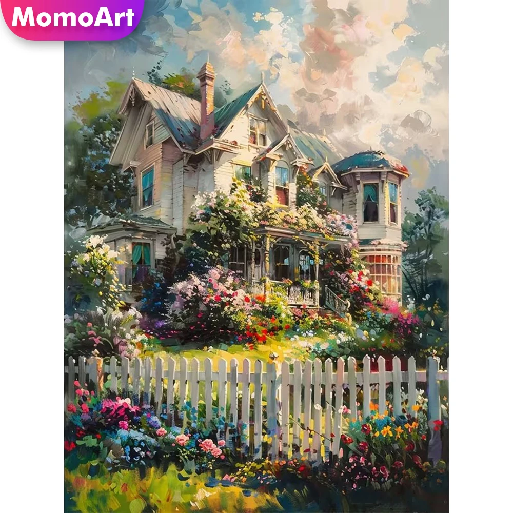 Momoart 5D DIY Diamant-Stickerei Haus-Landschaft Kreuzstich-Gemälde Vollquadratische Runde Diamant-Mosaik-Dekoration für Zuhause
