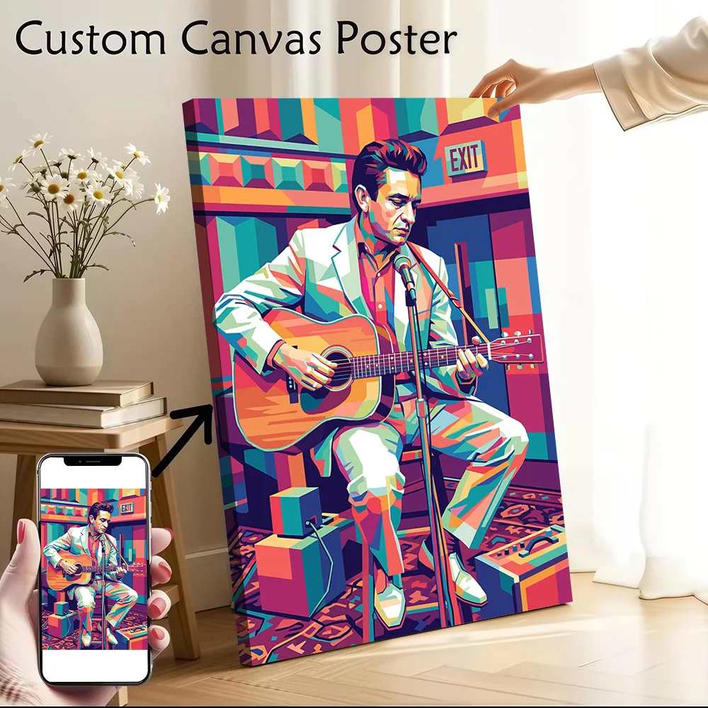 Johnny Cash Playing Guitar Canvas Wall Art Poster Personalized Photo Printing Perfect Gift for Modern Home Decoration Ornaments