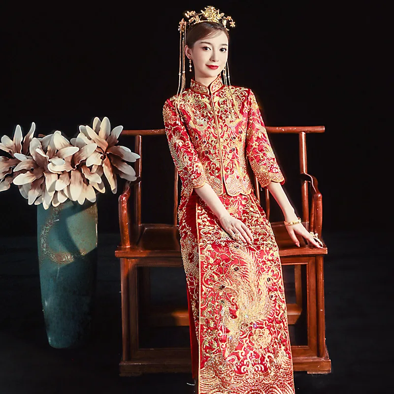 

Embroidered Phoenix Flower Elegant Marriage Dress Set Plus Size 3XL 4XL 5XL Chinese Qipao Bride Wedding Dress Classic Tang Suit