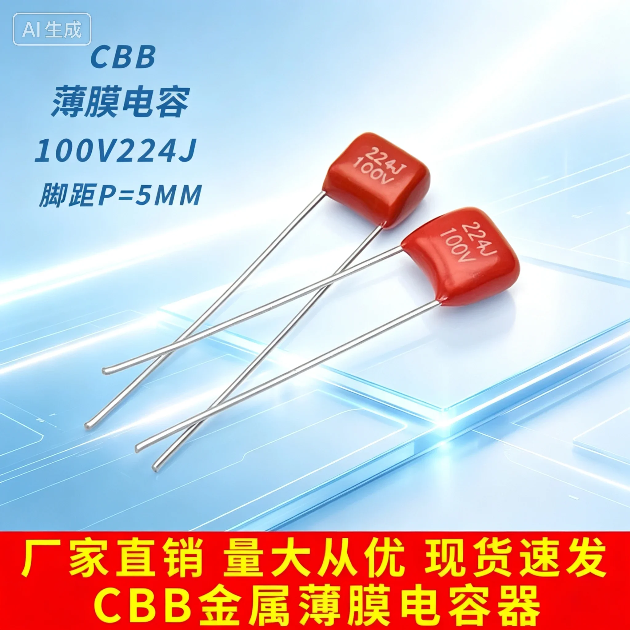 Stable CBB Film Capacitor for Circuit,100V 224J 0.22UF,Pin Pitch 5MM 200pcs