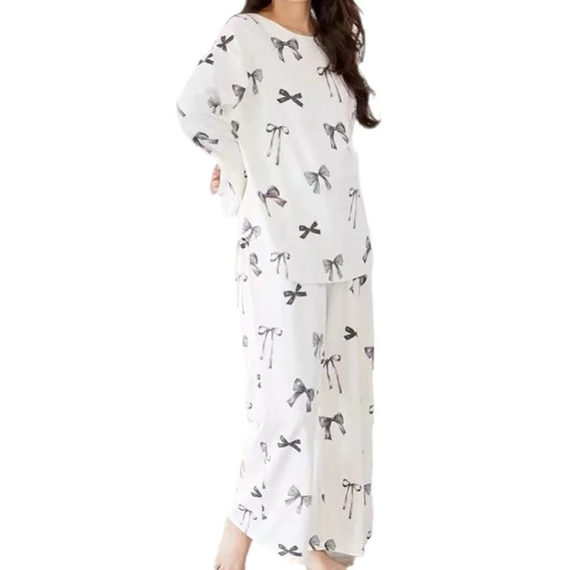 Soft Autumn Winter New Women 2 Pieces Cotton Pajamas Set Ladies French Style Room Wear Bow Printing Sleepwear Loose Home Pyjamas