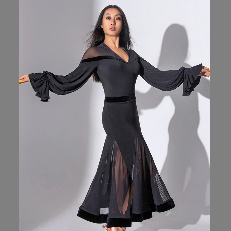 2022 Ballroom Dance Competition Dress For Women Long Sleeved Bodysuit Fishbone Skirt Suit Female Modern Dance Performance Dress