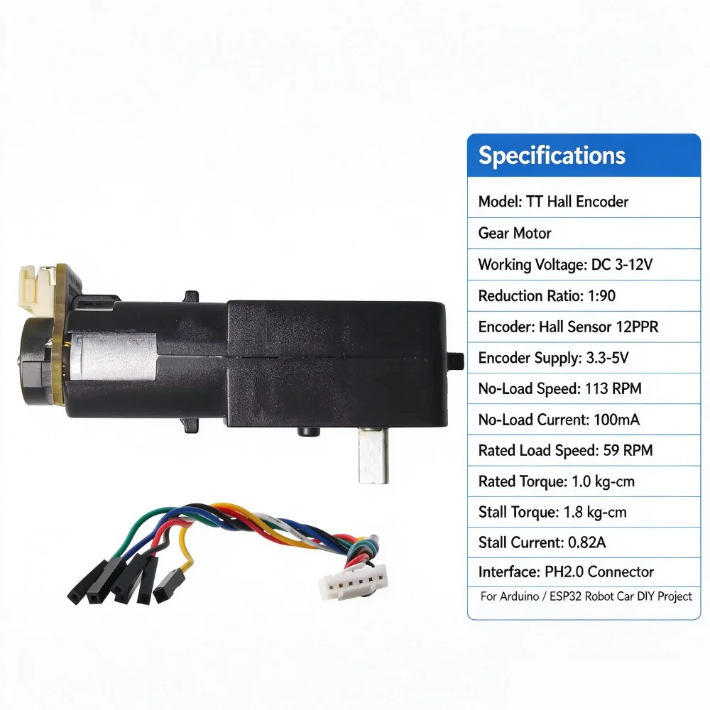 TT DC Gear Motor with Hall Encoder 1:90 Reduction 12PPR DC3‑12V PH2.0 Connector High Torque For Arduino ESP32 Robot Car Balance