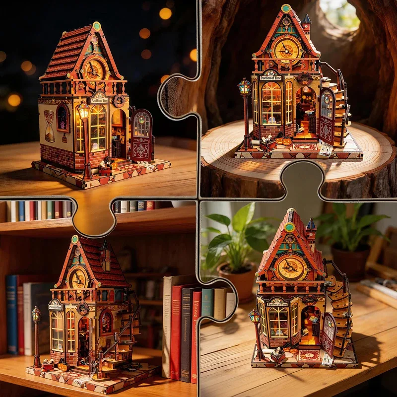 DIY Wooden The Wheel of Time Magic House Figurines Miniatures Bookend with Lights for Friends Birthday Gifts Home Decoration