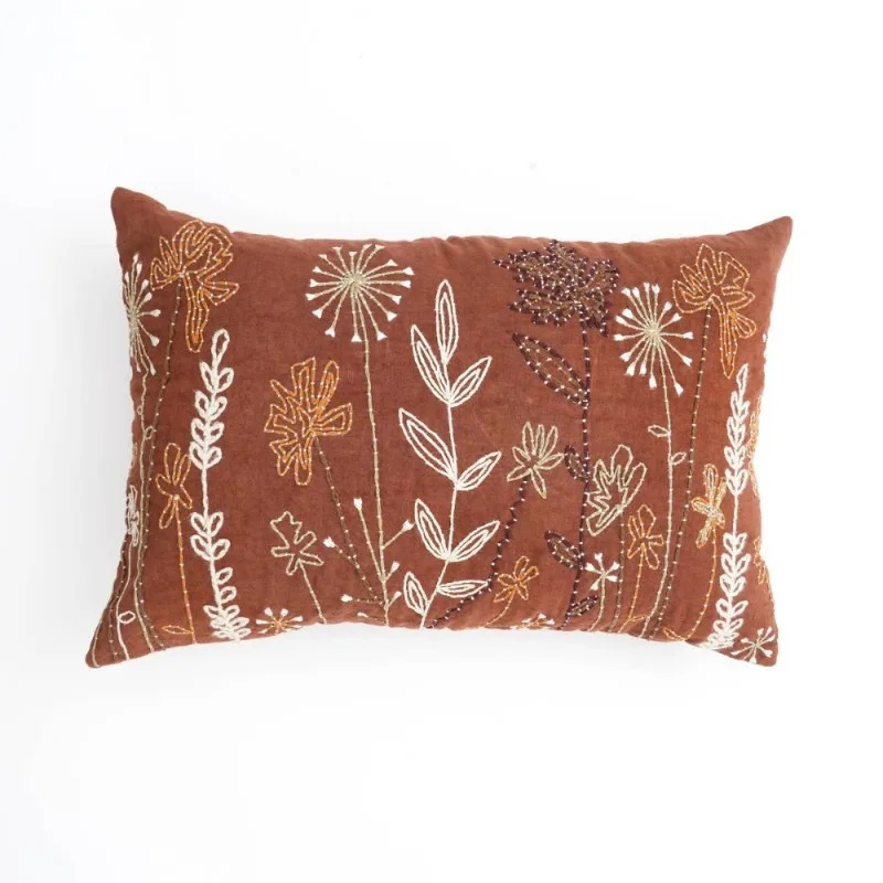 Linen Embroidered Lumbar Pillow Cotton Polyester Handcrafted Floral Design Timeless Natural Cushion Home Decor Gift