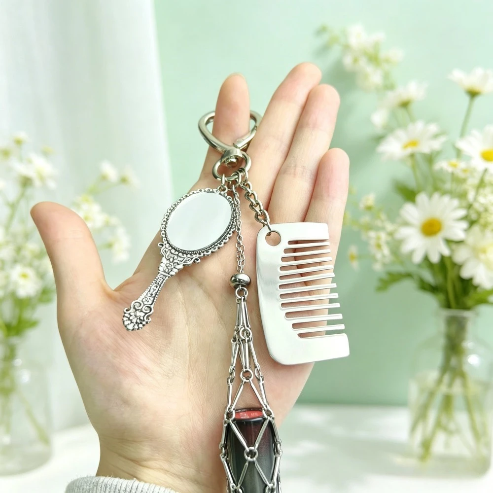 Vintage Metal Mesh Lipstick Bag Keychain Portable Net Pocket Pendant with Mirror Mini Comb Key Ring Multi-functional Gift Woman view 4