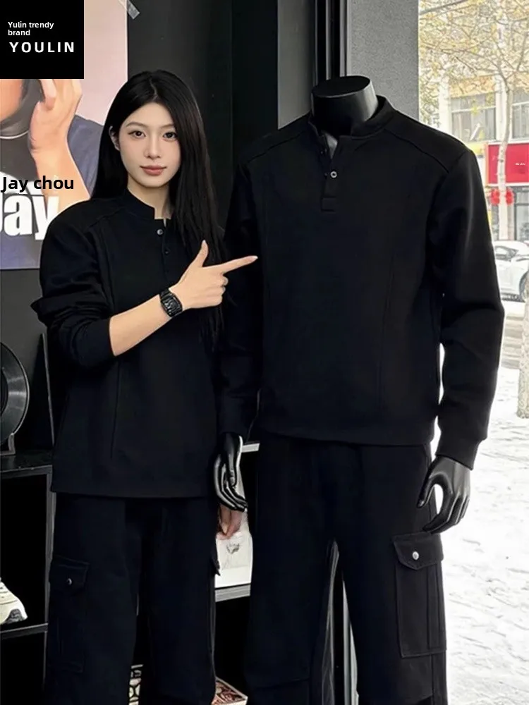 

Черная флисовая рубашка-хенли с длинным рукавом для мужчин, зимняя базовая футболка, американский стиль, внутренняя одежда, свитшот