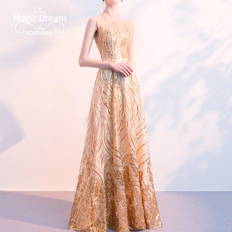 Customized Golden Sequined Evening Dress Female 2024 New Elegant Long Temperament Prom Dresses Banquet Host Wedding Party Vestid