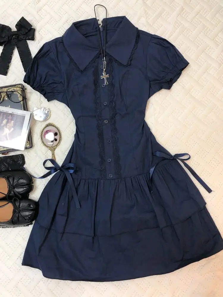 

Aesthetic Gothic Vintage Skinny One Piece Dress Preppy Style Elegant Lace Blue Shirt Dress 90s Japanese Sweet Boe Short Dresses