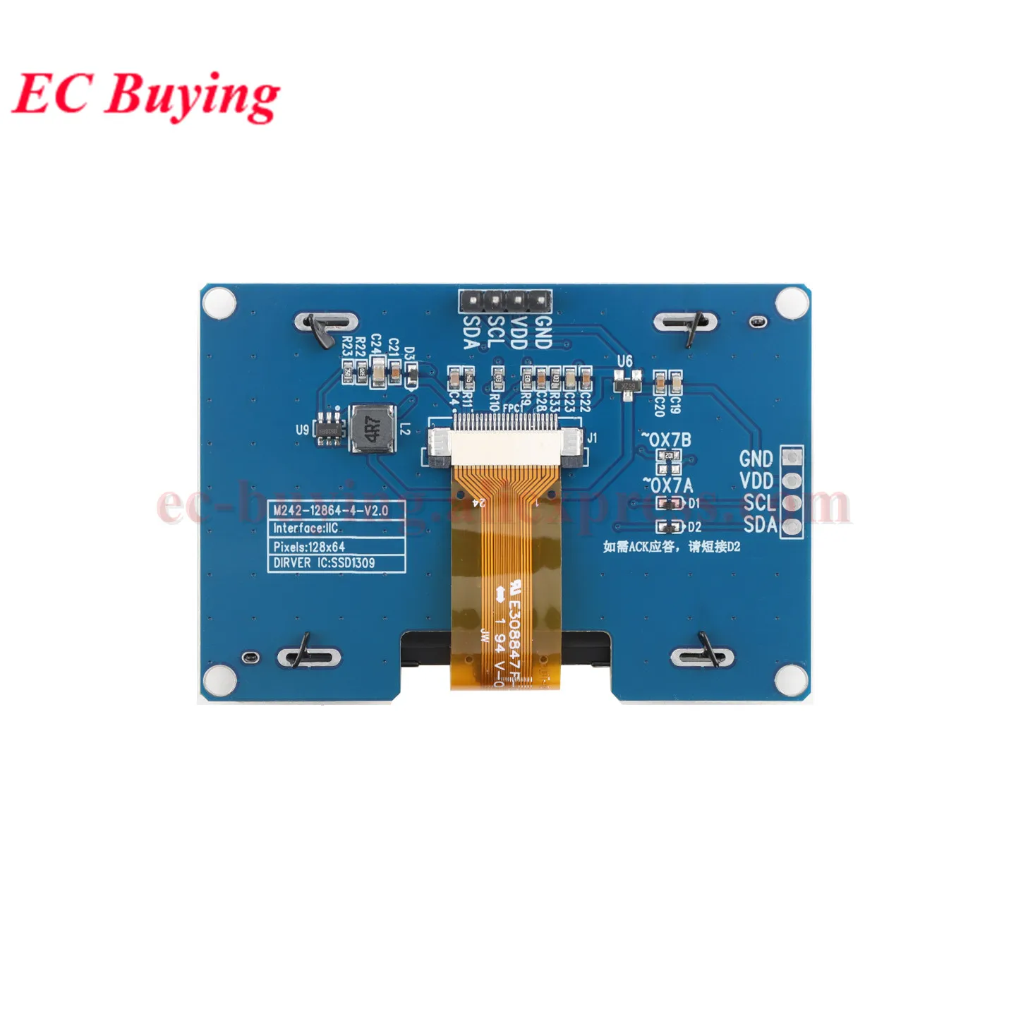 Módulo de Display OLED de 2,42 polegadas, Tela LCD de 2,42'' 128x64 Pontos 12864 com Driver SSD1309 SPI/IIC I2C Branco Azul Amarelo Verde 4 7 Pinos