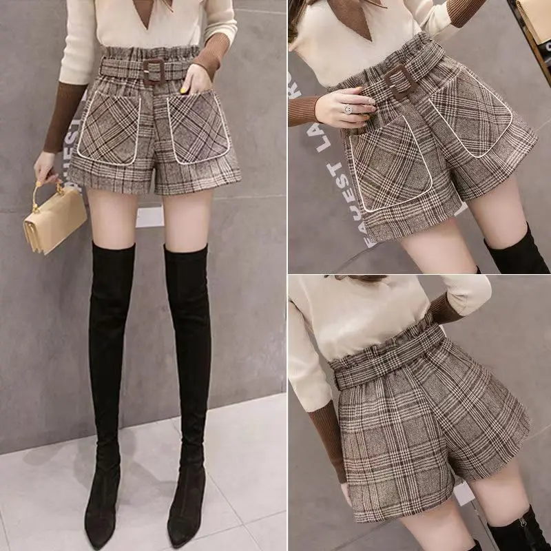 Korean Fashion Autumn Winter Women Plaid Woolen Pockets Casual Office Lady Loose Elastic High Waist Wide Leg Boots and Shorts