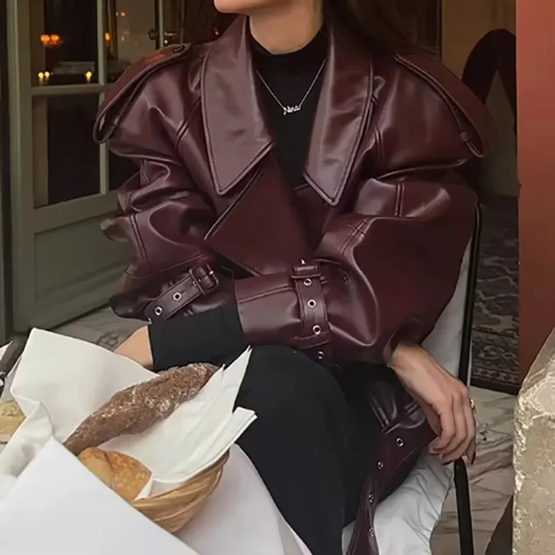 

Retro Wine Red Short Leather Jacket Women's Casual Turn-down Collar Warm Slim Fit Coats 2025 Autumn Lady Street Party Outwears