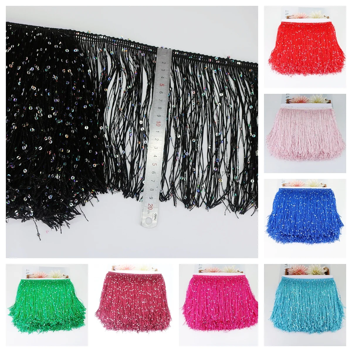 

10 Yards Lace Fringe Tassel Sequin Sewing Accessories 19cm Width Tassels Latin Dance Ribbon Decorative Trimmings Trim Hanging