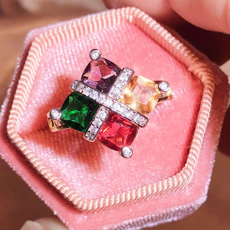 

NEW Originality 18K Gold Rainbow Couple Ring For Women Collection Square Ruby Emerald Champagne Diamond Wedding Gift Jewelry