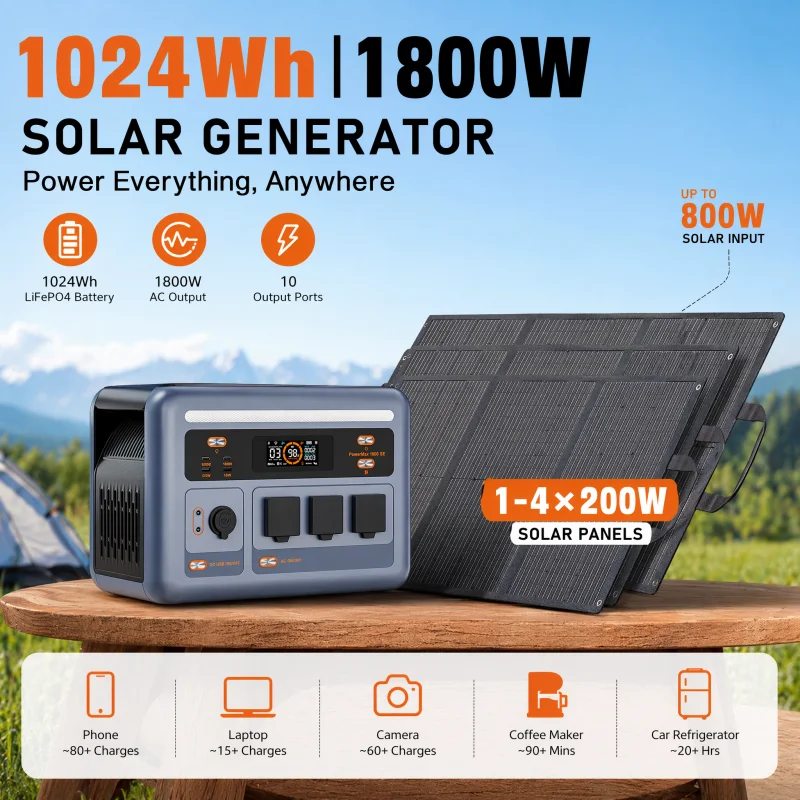 OSCAL PowerMax1800 SE Solar Generator,1800W Portable Power Station,1024Wh LiFePO4,800W Solar Quick Charge,APP Control Emergency Power Supply for Home Camping,Optional 200W Solar Panel