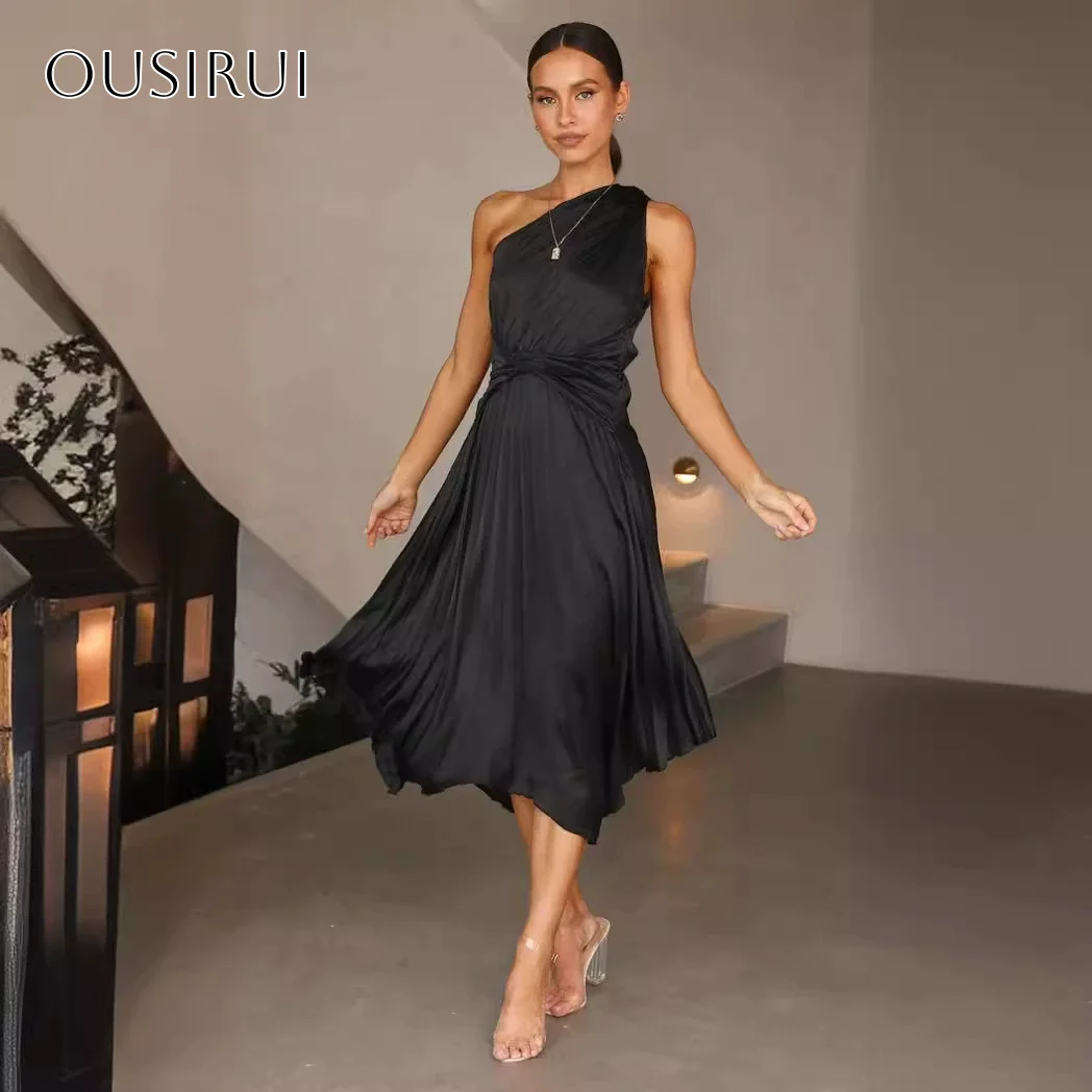 

One Shoulder Cocktail Dresses Customized A Line Tea Length Pleated Party Dresses فساتين حفلة موسيقية
