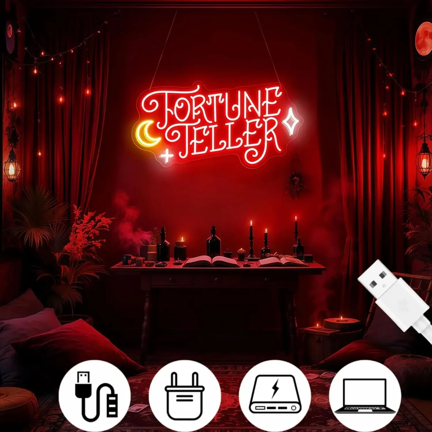 Fortune Teller Neon Sign Mystic Moon Star LED Wall Art Acrylic USB Powered Dimmable Light For Tarot Shop Witchy Room Decor