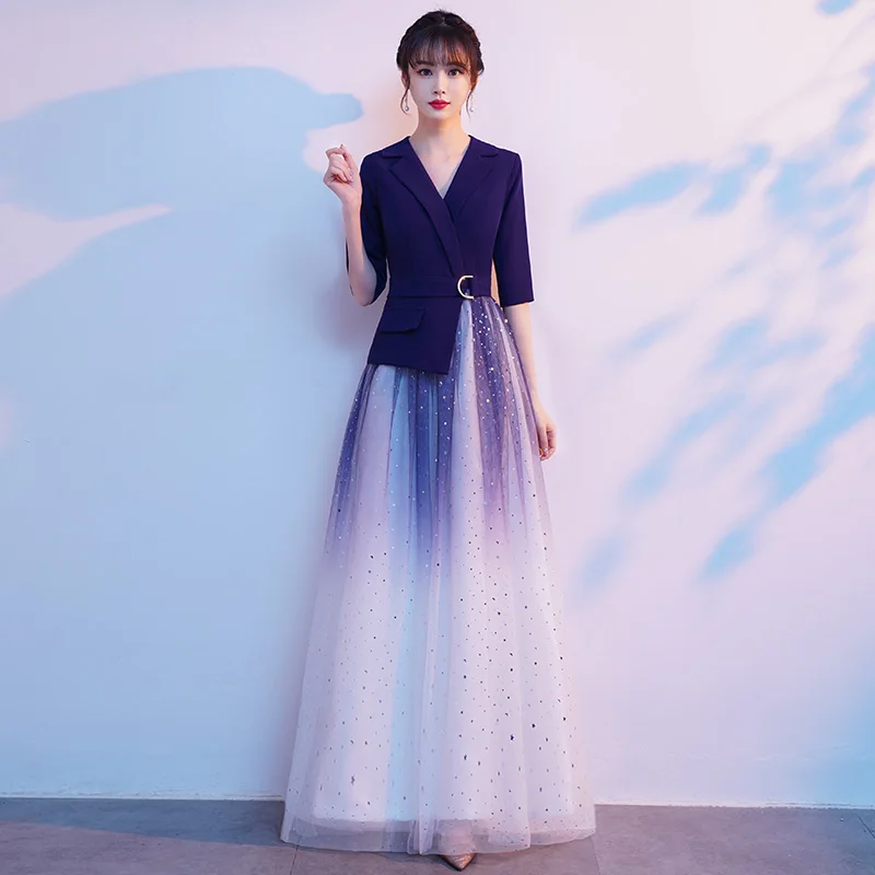 

Элегантное синее вечернее платье для женщин, для выступлений, из высококачественной ткани, летнее бальное платье с длинной юбкой