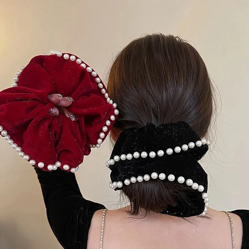 ภาษาฝรั่งเศสคํา Vintage Pearl กํามะหยี่ Scrunchies ผมเชือกขนาดใหญ่ลําไส้ Hairband อารมณ์ที่เรียบง่ายแหวนผม Headwear อุปกรณ์เสริมผม