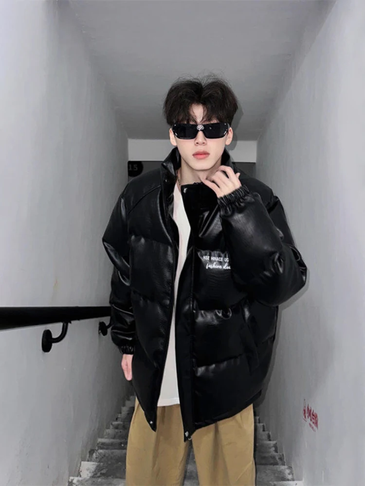 

Мужская зимняя куртка из искусственной кожи с утеплением, воротником-стойкой, повседневная, с наполнителем из полиэстера, теплая и стильная