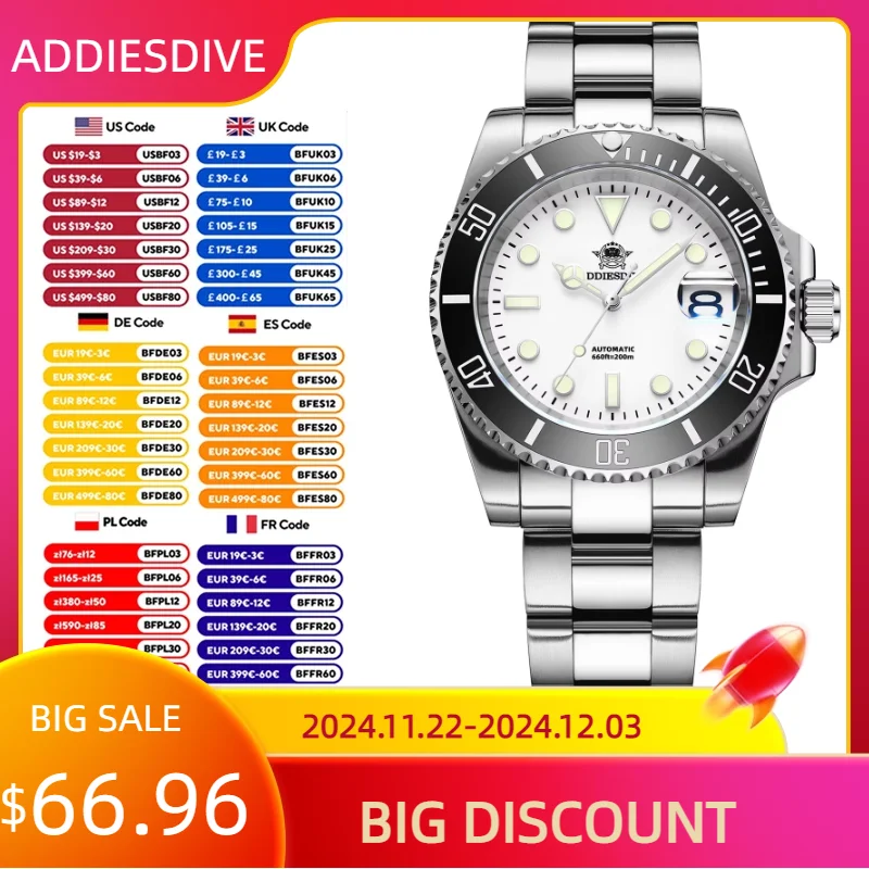 ADDIESDIVE 41mm NH35 Sapphire Glass Automatic Mechanical Watch Luxury 200m Diving Stainless Steel Luminous Dress Mens WristWatch