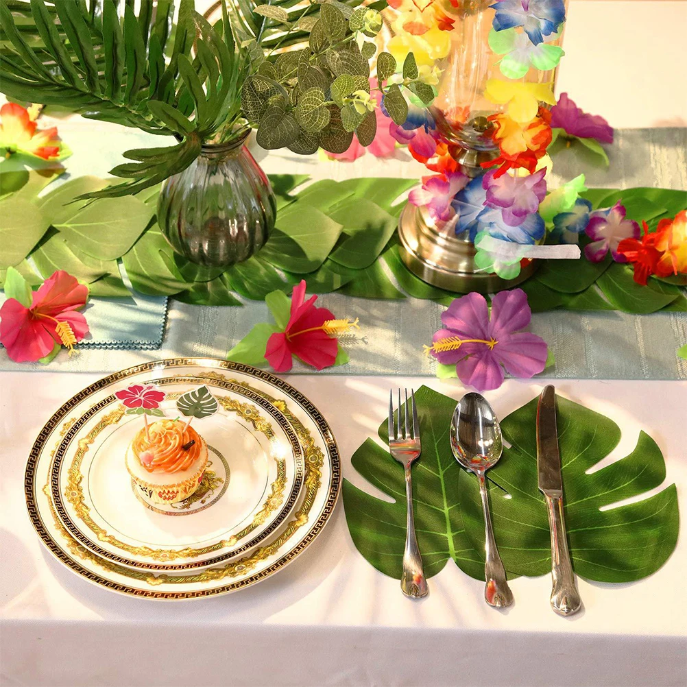 

108Pcs Tropical Palm Leaves Table Decoration Set Lightweight Polyester Artificial Monstera Leaf for Hawaiian Theme Party Luau
