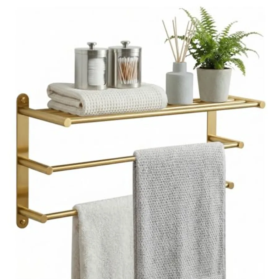 

24 Inch Towel Racks for Bathroom: Brushed Gold Towel Rack with Double Towel Bar Wall Mounted - SUS304 Stainless Steel Bath Towe