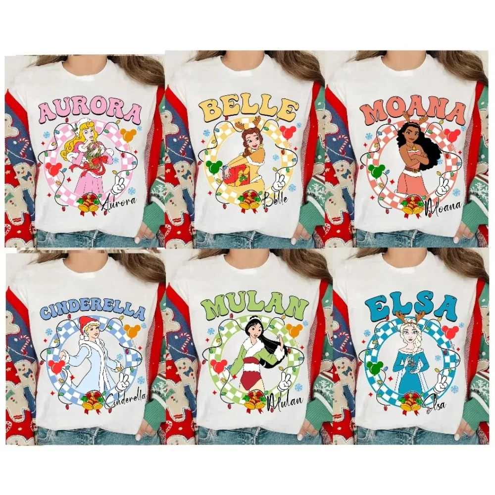 

Disney Princess Christmas Lights Checkered Portrait Women's Men T-shirt Ariel Elsa Moana Jasmine Merida Xmas Tee Princess Xmas