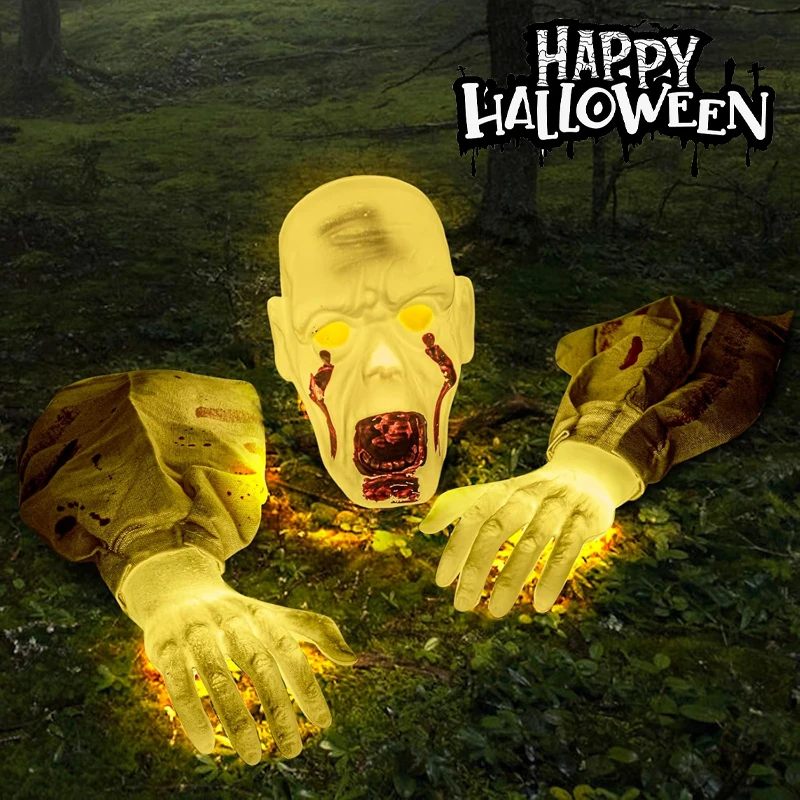 Realistic Zombie Statues Halloween Lighted Decor Scary Face Arms Skeleton Graveyard Haunted House Props Lifelike Chilling