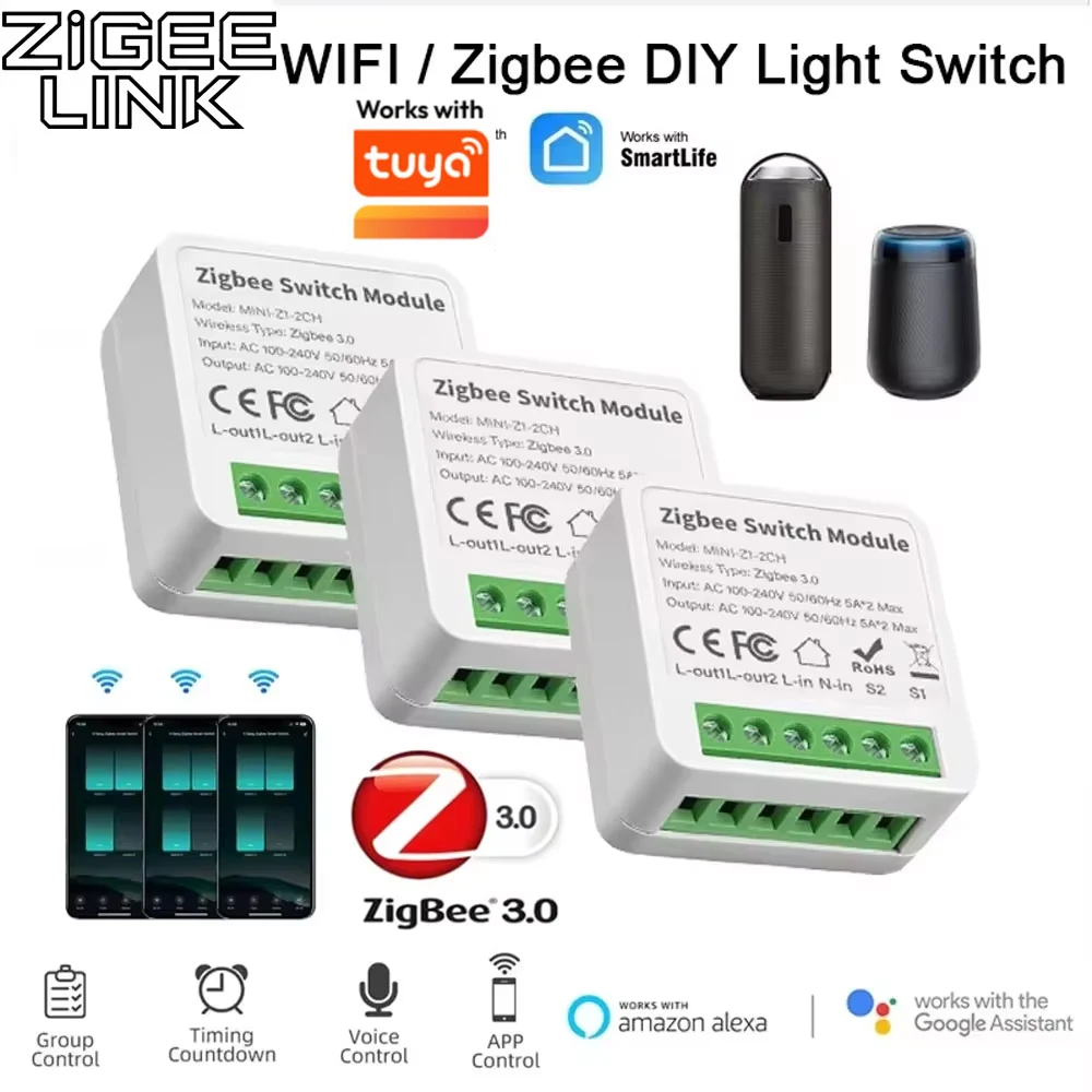 

Модуль умного реле ZigBee 3.0 WIFI для автоматизации, мини-выключатель для умного дома, DIY-выключатель света, работает с Tuya, Alexa, Google Home